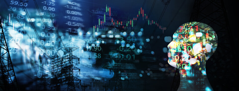 market trading stock index number and graph on black blue digital technology blur city light line and head of human in artificial intelligence or AI concept banner business background - Powered by Adobe