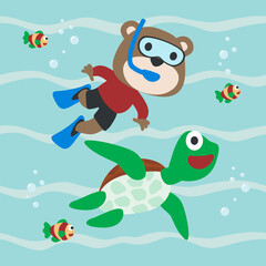 Diving with funny monkey and turtle with cartoon style. Creative vector childish background for fabric, textile, nursery wallpaper, poster, card, brochure. vector illustration background.