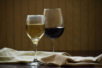 White wine and red wine in glasses on a table