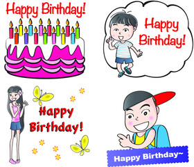vector cartoon happy birthday card set