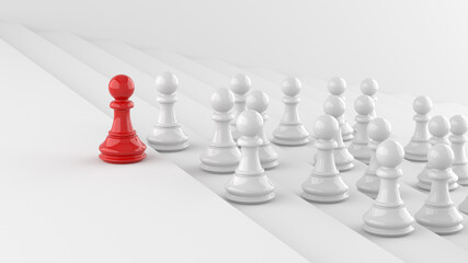 Leadership concept, red pawn of chess, standing out from the crowd of whites. 3D Rendering