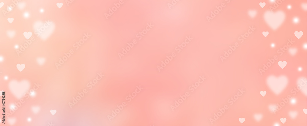 Wall mural abstract blur soft gradient pink color in panoramic background with heart shape and star glitter for