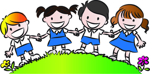 vector cartoon school uniform kids holding hands