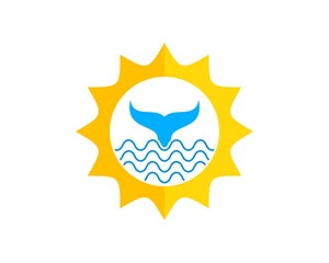 Shinning sun with wave and whale tail inside