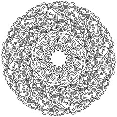 Mandala with hearts and zen swirls, anti stress coloring page for Valentine's day