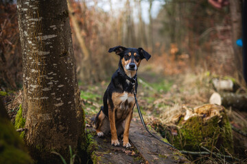 Portrait von einem Mischling Hund im Wald. Spaziergang mit einem mixed breed an der Leine