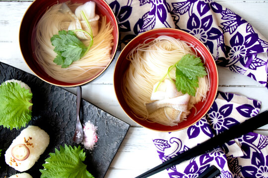 Nyumen (Warm Somen Noodles) with Tied Sillago, Japanese Food