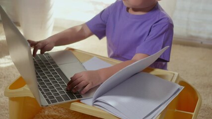 Asian child boy using a laptop study online lesson at home. homeschooling distant learning, social distance during COVID-19 quarantine, not goto school, Homeschool remote education concept slow motion - Powered by Adobe