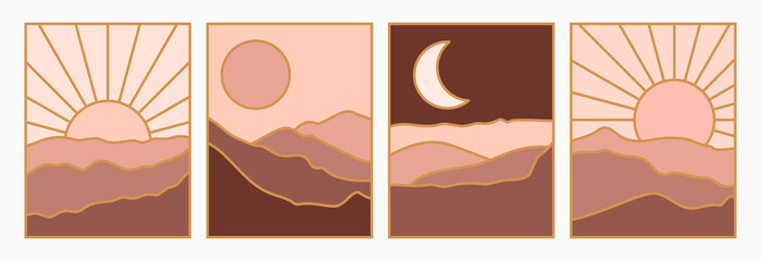 Set Abstract Landscape of Mountains with the Sun and Moon in a Minimal Trendy Style. Vector Background in Terracotta Colors for covers, Posters, Postcards, social media Stories. Boho Art Prints.