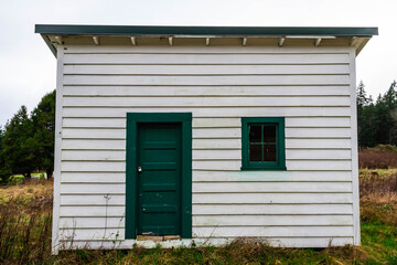 The side of an old shed with white siding and a green window and door.