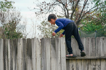 The boy climbed the fence next to the house to greet the neighbor 