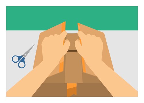 Hand opening paper box. Simple flat illustration