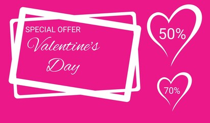 Valentine's SALE illustration on pink background with icons.