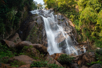 Beautiful landscape of Mae Tia waterfall (80 meters high) the most beautiful waterfall in Orb Luang National Park in Chiang Mai province of Thailand.