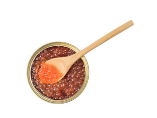 Tin can with red caviar and a wooden spoon isolated on a white background.