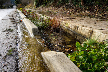 After the storm, floodwater running down the garden median on a sunny day
