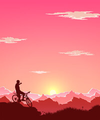 Cyclist on the background of mountains. Sunset in the mountains. Mountain View. Extreme cross-country driving. Vector illustration.