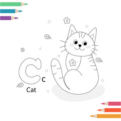 Animal alphabet coloring book page for kids. Vector illustration. Hand drawn.