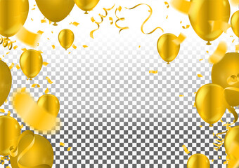 Yellow and golden baloons on the upsteirs with golden confetti isolated on  background. illustration of beautiful, candy, glossy baloons, luxury greeting rich card