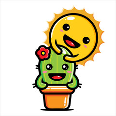 cute cactus character vector design with sun