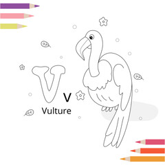 Animal alphabet coloring book page for kids. Vector illustration. Hand drawn.