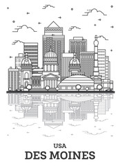 Outline Des Moines Iowa City Skyline with Modern Buildings and Reflections Isolated on White.