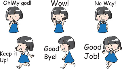 vector cartoon girl emoji life action set