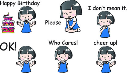 vector cartoon girl emoji life action set