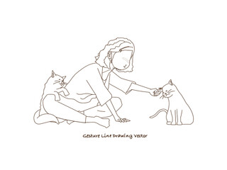 Cat and Woman characters.Gesture line drawing vector.