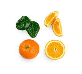 Set of fresh whole and cut orange and slices isolated on white background, with leaf. Top view
