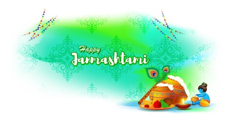 vector illustration for Indian festival Janmashtami, birth of lord Krishna (Hindu god), butter pots, flute on colorful abstract background 