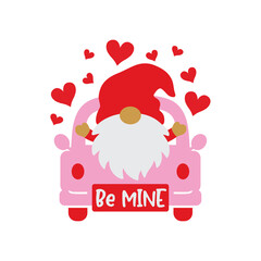Vector illustration of Valentine’s day gnome on a truck with hearts.