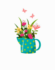 A jug with different flowers and butterflies. Postcard for spring time. Vector illustration isolated on white background. Icon for invitations, holiday greetings, logos and decor.