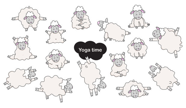Yoga pets. Cute funny sheep athletes get up in an asana and are engaged in fitness, gymnastics and meditation, a hobby. Sheep yoga - a set of color flat pictures. Vector. Isolated on white background