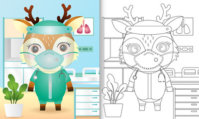 coloring book for kids with a cute deer character illustration using medical team costume