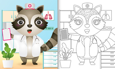 coloring book for kids with a cute raccoon nurse character illustration