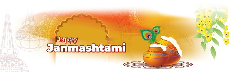 vector illustration for Indian festival Janmashtami, birth of lord Krishna (Hindu god), butter pots, flute on colorful abstract background 