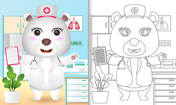 coloring book for kids with a cute polar bear nurse character illustration