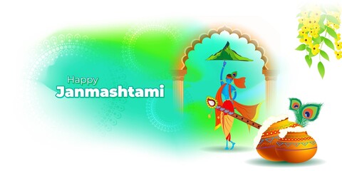 vector illustration for Indian festival Janmashtami, birth of lord Krishna (Hindu god), butter pots, flute on colorful abstract background 