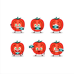 Photographer profession emoticon with slice of tomato cartoon character