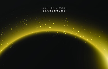Glitter golden neon circle ring frame & sparkle flash light star shimmer vector on black background, shiny glowing metal gold yellow round line planet curve, futuristic web poster card print template