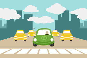 Alternative fuel and sustainable energy concept. Green vehicle or eco-friendly electric car. Harmful toxic air pollution. Vehicle emissions control. Happy driver against traffic jams on the city road.