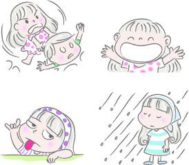 vector cartoon girl life emoji action set