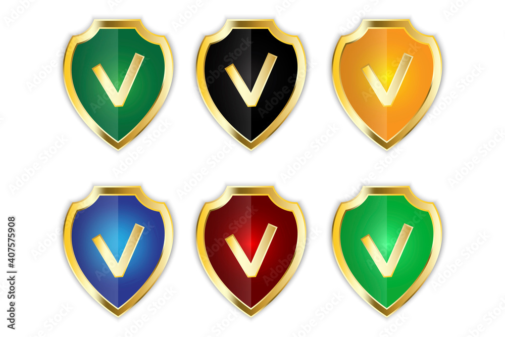 Poster colored shields with check marks set. shield icon vector. design element. stock image. eps 10.