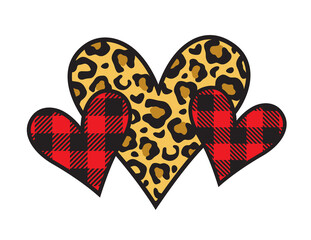 Three Valentine’s day hearts with leopard print and buffalo plaid patterns vector illustration.