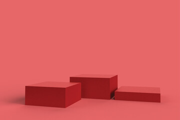Three red square boxes with shadows are placed 3D illustration on a red background.