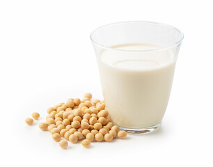 Soy milk and soybeans on a white background