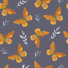 Fototapeta na wymiar Cute seamless pattern with colorful butterflies and plant elements. Watercolor illustrations.