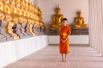 Fototapeta premium Young novice monk walking for meditation at Wat Phutthai Sawan temple, Ayutthaya, Thailand