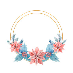 Winter watercolor in a golden round frame with holly, berries and poinsettia flowers. Hand-drawn illustration. For invitations, greeting cards, prints, posters, advertising.